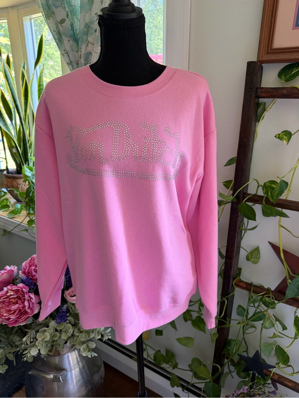 Von Dutch Pink Rhinestone Logo Crewneck Sweatshirt